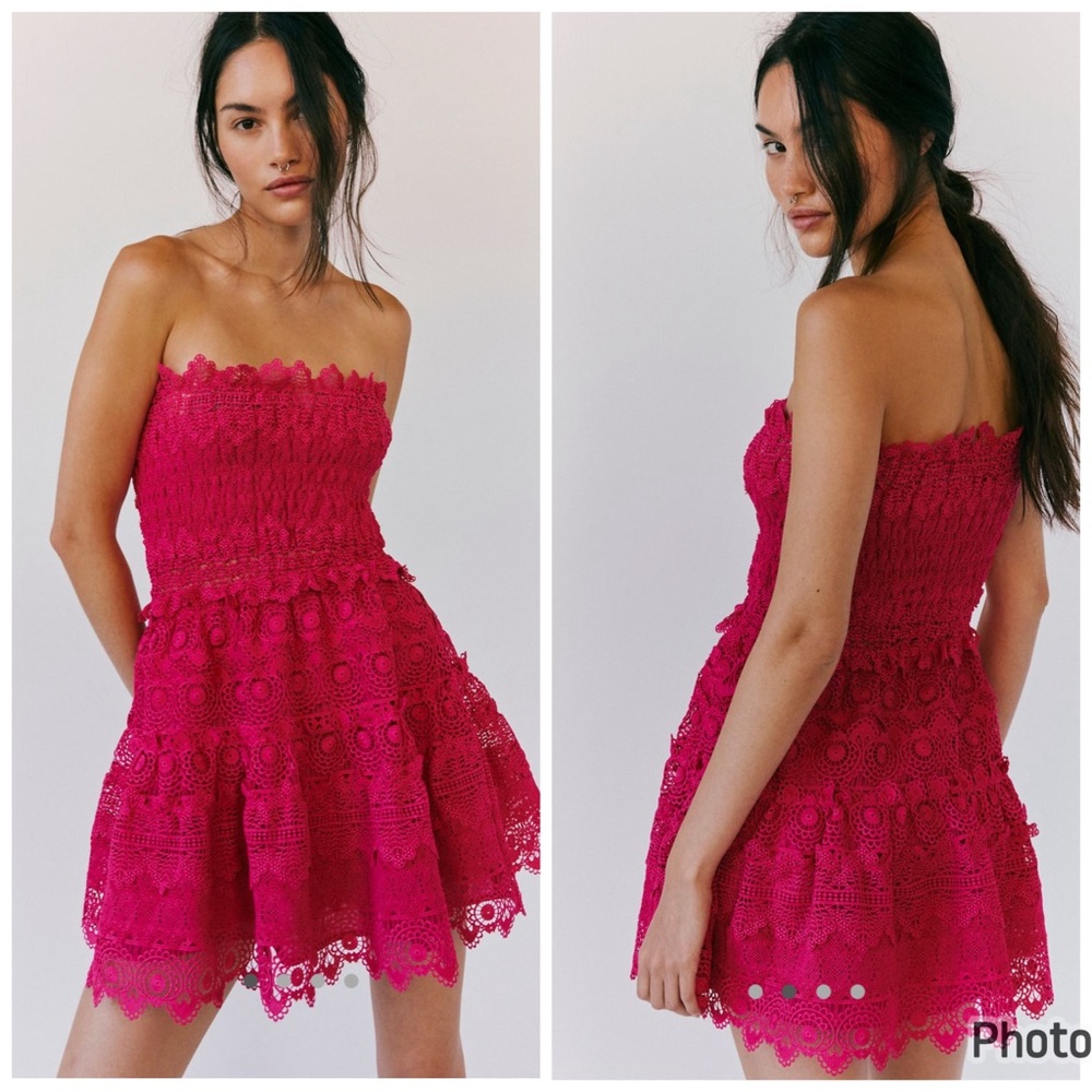Free People Waimari Tiffany‎ Mini Dress Cumbia Pink Raspberry Lace Small Ruched